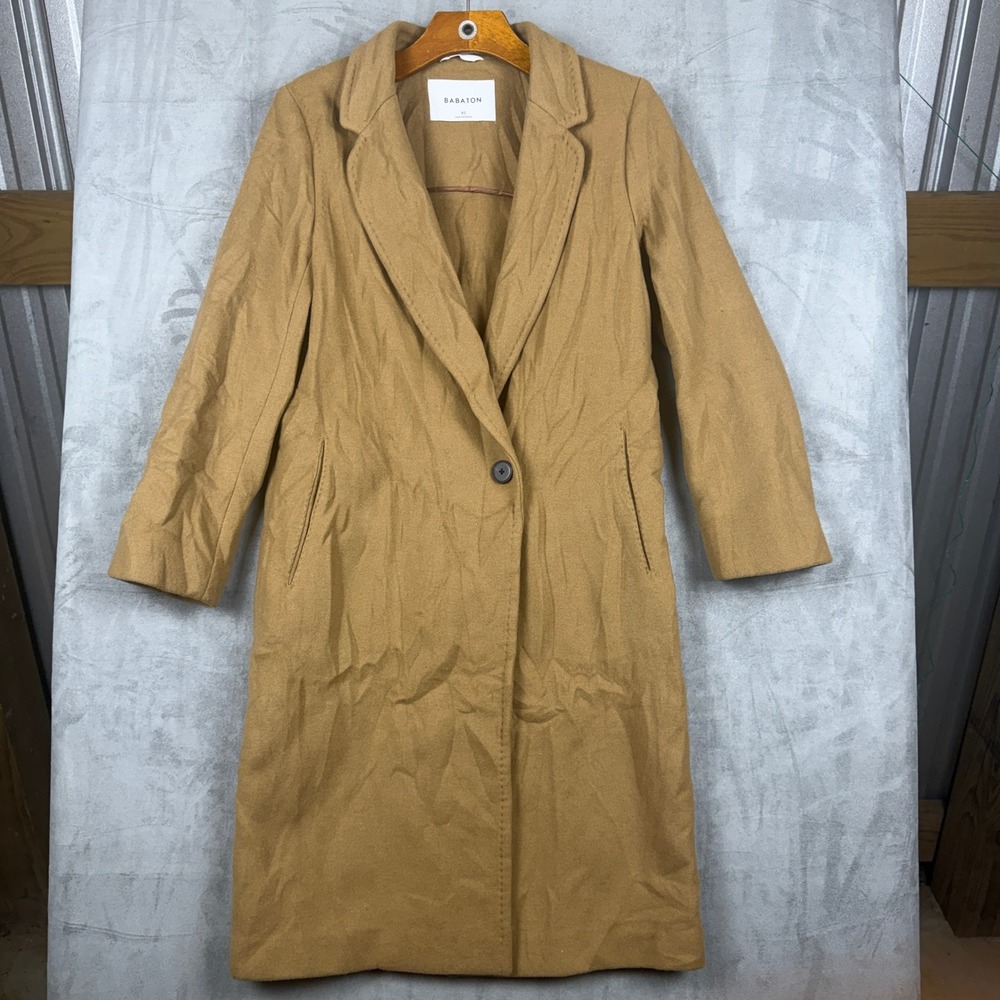 Babaton Camel Wool Blend Long Coat XS Tan Single Button Notched Lapel 69598